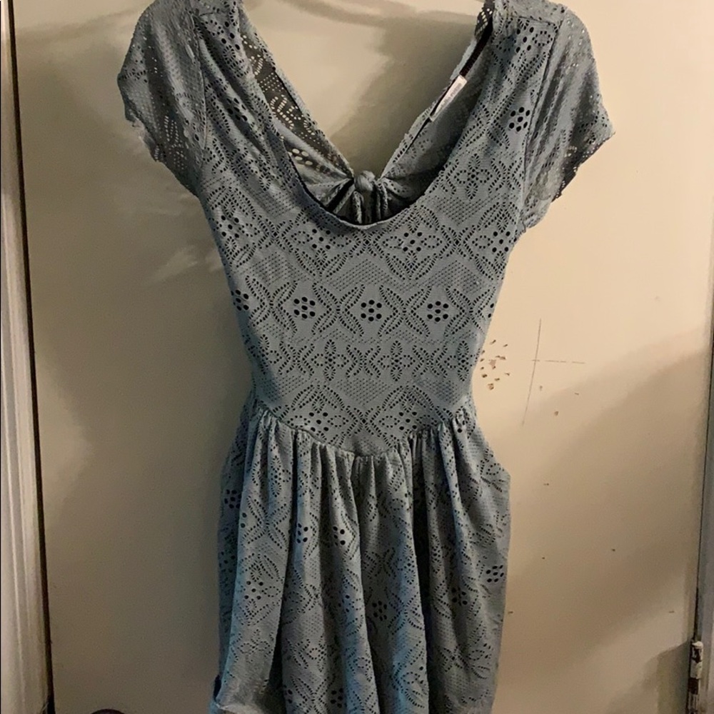 Blue open back romper WITH pockets (: